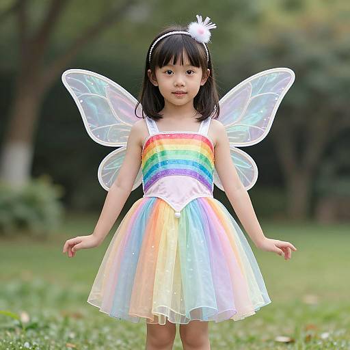 Photograph of an Asian girl with black hair, wearing a rainbow-colored tutu dress, translucent fairy wings, and a white headband with a flower