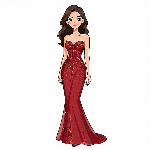Digital illustration of a fair-skinned woman with long brown hair, wearing a strapless, form-fitting, red sequined gown, standing against a