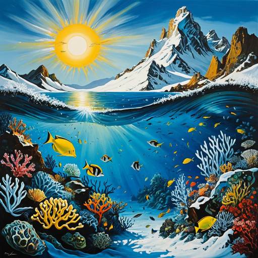 Ethereal Underwater Reef with Sun and Snowy Mountains
