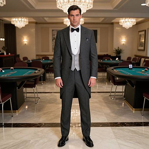 Photograph of a handsome man in a black tuxedo with a white shirt and black bow tie, standing in an elegant casino with chandeliers