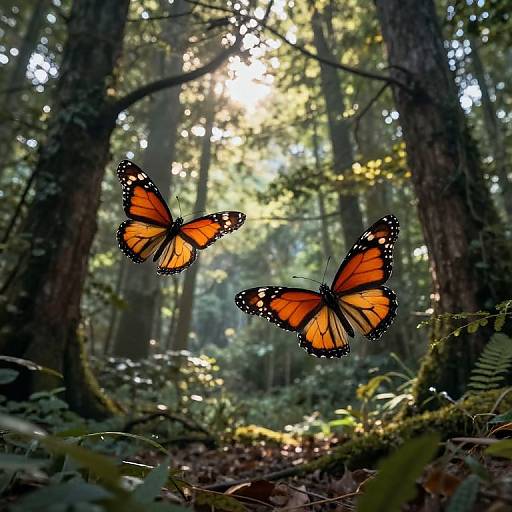 Photograph of two vibrant orange and black monarch butterflies flying in a sunlit, dense forest with tall trees and dappled sunlight.