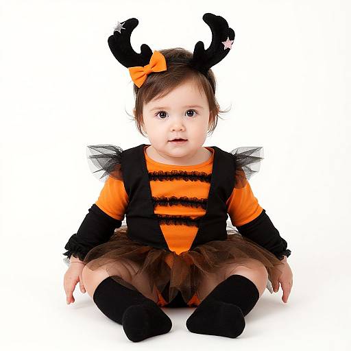 Photograph of a baby with fair skin, brown hair, and wide eyes, wearing a black and orange Halloween costume with antlers, striped shirt,