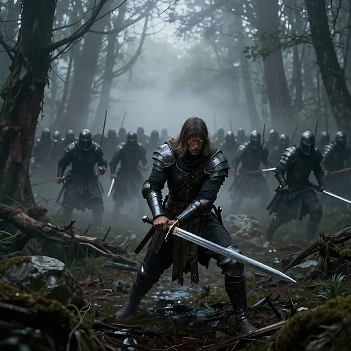 Digital fantasy artwork of a long-haired warrior in black armor, gripping a sword, standing defiantly in a foggy forest, surrounded by armored soldiers.