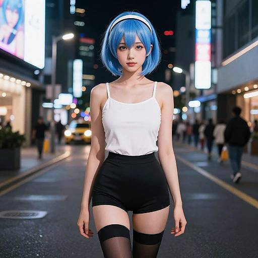 Cosplay Woman with Blue Hair in Urban Nightscape