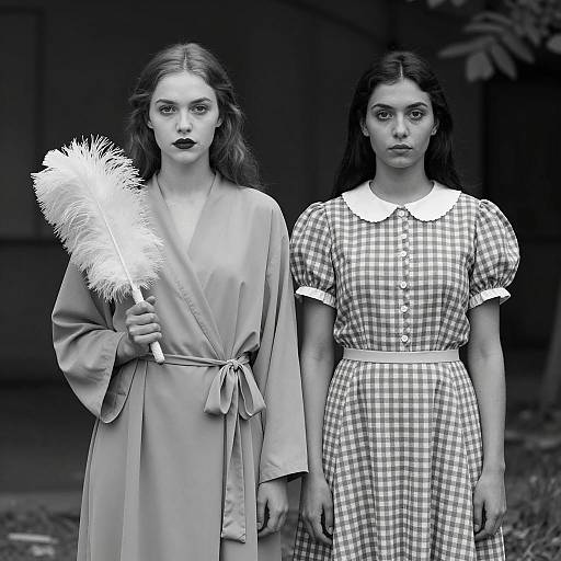 Black and White Portrait of Two Women in Vintage Clothing