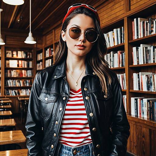 Woman in Leather Jacket in Bookstore Cafe