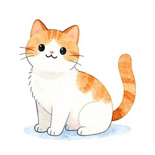 Cute digital drawing of a chubby, orange and white tabby cat with large black eyes and a happy smile, sitting against a white background.
