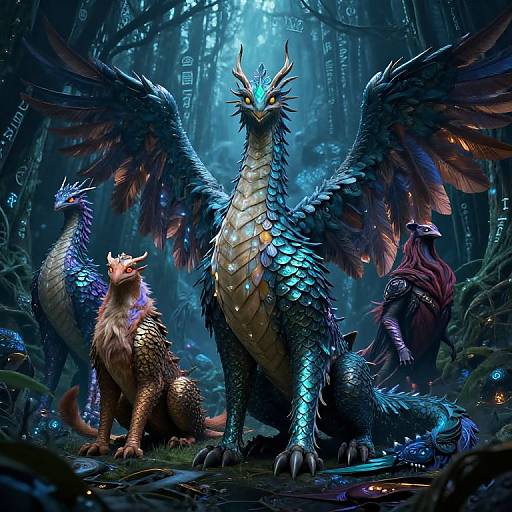 Digital fantasy artwork of a blue, dragon-like creature with glowing yellow eyes, large wings, and iridescent scales, surrounded by smaller, similarly styled
