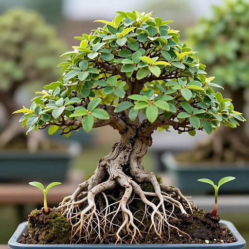 Photograph of a bonsai tree with vibrant green leaves, exposed roots, and small seedlings, set in a blurred garden background.