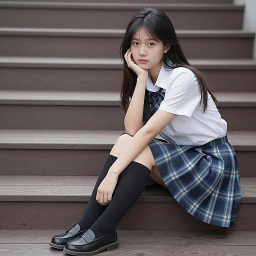 Asian Girl Sitting on Wooden Steps