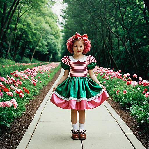 Young Girl in Colorful Princess Dress on Garden Path