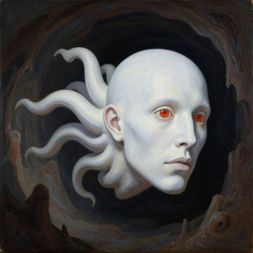 Digital painting of a white, bald, sea-like humanoid with red eyes, flowing tentacles, set against a dark, swirling background.