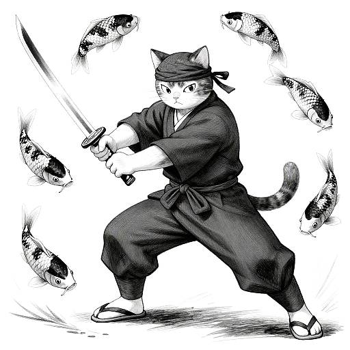 Cross-Hatched Ninja Cat Slicing Koi
