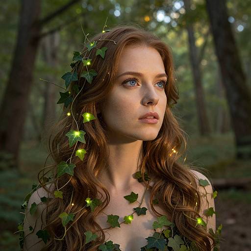 Photograph of a fair-skinned, red-haired woman with wavy hair adorned with glowing fireflies and green leaves in a sunlit forest.