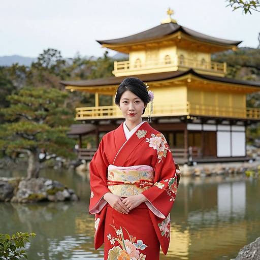 Photograph of an Asian woman in a red floral kimono standing in front of a golden pagoda by a serene pond.