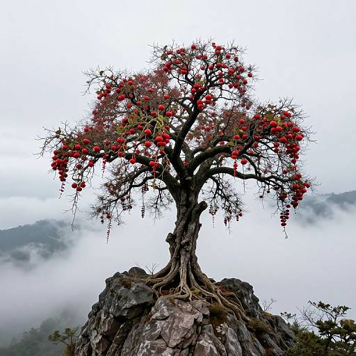 Photograph of a solitary tree with vibrant red berries, perched atop rugged rocks, surrounded by misty, cloud-covered mountains.