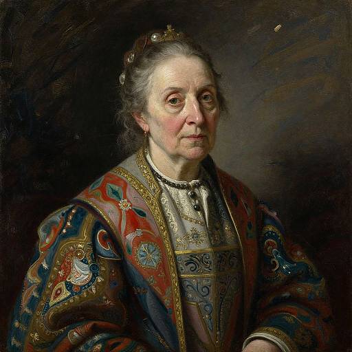 Baroque-style oil painting of an elderly, fair-skinned woman with gray hair, wearing an elaborate, colorful embroidered robe and crown. Dark background highlights