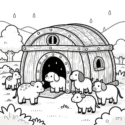 Black and white cartoon drawing of a wooden dome-shaped barn with six sheep standing outside, surrounded by trees and grass.