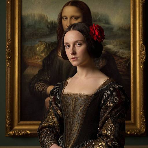 Photograph of a pale-skinned woman with short black hair, red flower, Renaissance dress, standing in front of a Leonardo da Vinci painting.