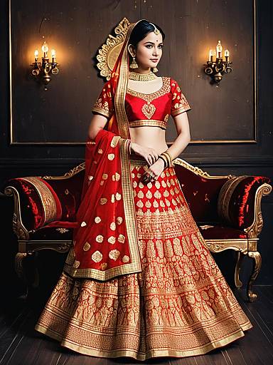 Woman in Red and Gold Silk Wedding Lehenga Choli