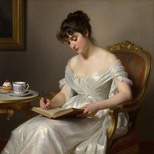 A painting of a fair-skinned woman with dark hair, wearing an off-shoulder white dress, writing in a book while seated on an orn