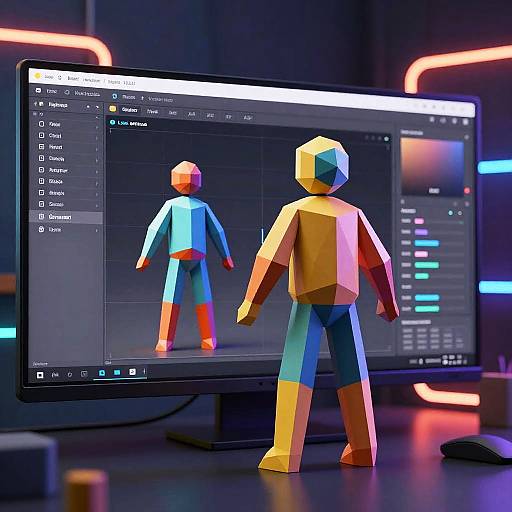 CGI image of a colorful, geometric 3D model of a humanoid figure standing in front of a computer screen displaying a similar model in a digital