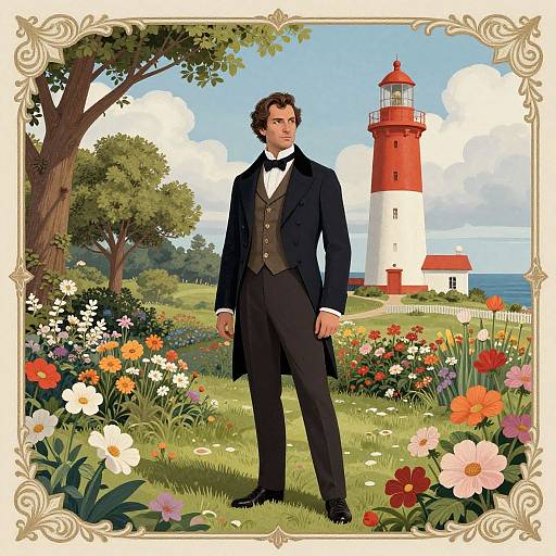 Digital illustration of a handsome, dark-haired man in Victorian attire standing in a vibrant flower garden with a red-and-white lighthouse in the background. Orn