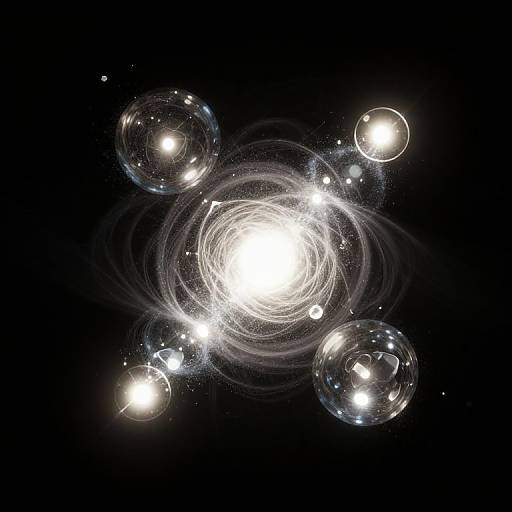 Digital art of glowing, transparent bubbles orbiting a bright white light source against a dark blue background, creating a cosmic, ethereal effect.