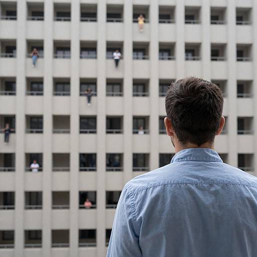 Man Facing Residential Building with People in Windows
