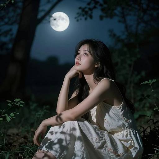 Photograph of an Asian woman with long black hair, wearing a white dress, seated in a moonlit forest, gazing up at the full moon