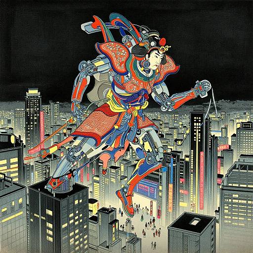 Colorful, digital anime-style illustration of a robotic samurai in red and blue armor soaring over a nighttime cityscape, buildings lit with yellow and white