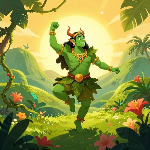 Digital illustration of a muscular, green-skinned orc warrior with red horns, wearing leaf skirt and jewelry, dancing in a vibrant, sunlit jungle.