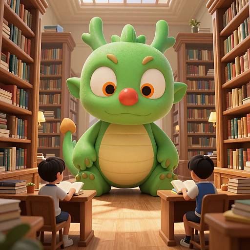CGI illustration of a giant green, cartoon dragon with big eyes and orange nose standing between two boys reading books in a library. Warm, wooden library