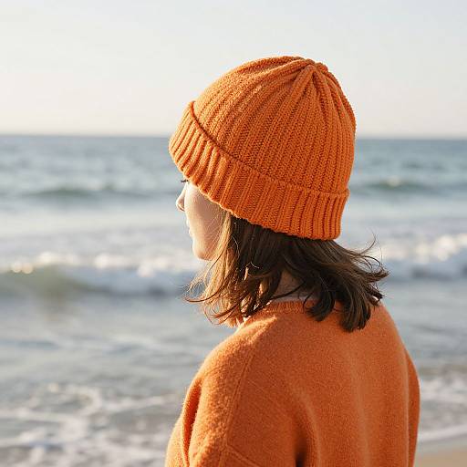 Photograph of a child in an orange knit beanie and matching sweater, facing the ocean with waves in the background.