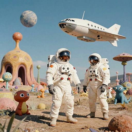 Photograph of two astronauts in white spacesuits standing on a colorful, surreal alien landscape with a spaceship, dome-shaped building, and whimsical creatures under