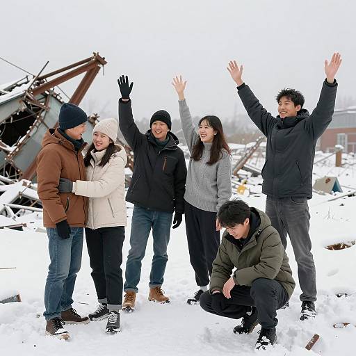 Group of Friends in Winter Snowy Wreckage