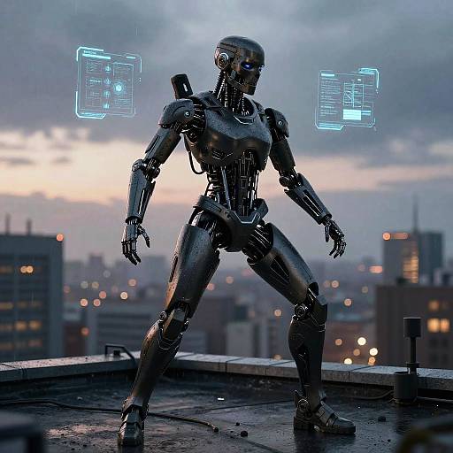 Photorealistic CGI: Cybernetic humanoid robot with glowing blue holographic interfaces stands on rooftop, cityscape at dusk with scattered lights in background.
