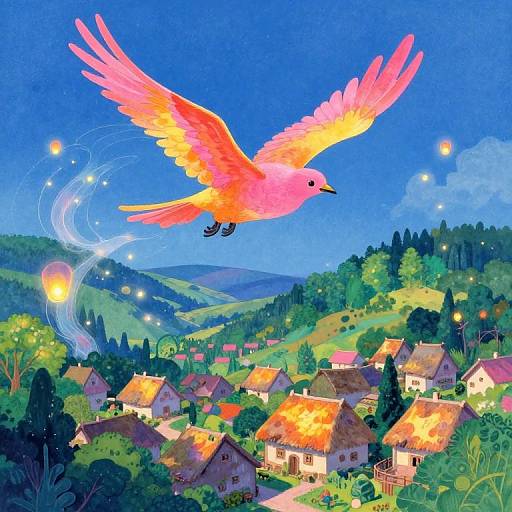 Whimsical Mythical Creature Over Village