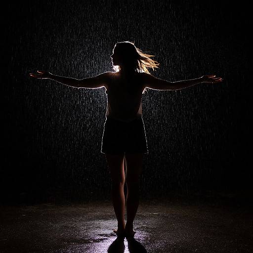 Woman Embracing Rainfall in Darkness