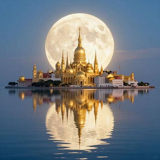 Photograph of a mosque with golden domes illuminated by a large, glowing full moon, reflected in a calm, blue water surface.