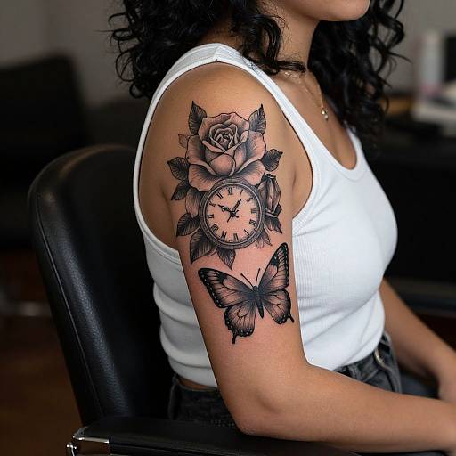 Photograph of a woman with curly black hair, wearing a white tank top, showcasing a detailed black tattoo of a rose, clock, and butterflies on