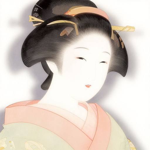Digital drawing of a serene Japanese geisha with white face, black hair in an elaborate updo, pink kimono, and yellow hairpins.