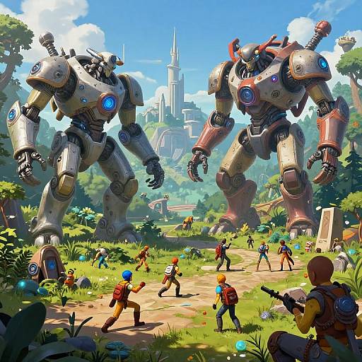 Digital artwork of a colorful, vibrant forest scene with small adventurers running from two large, towering, blue-eyed robots under a bright blue sky with a distant