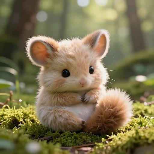 Photorealistic CGI of a fluffy, light brown, cute mouse-like creature with large black eyes, sitting on mossy forest floor, sunlight filtering through