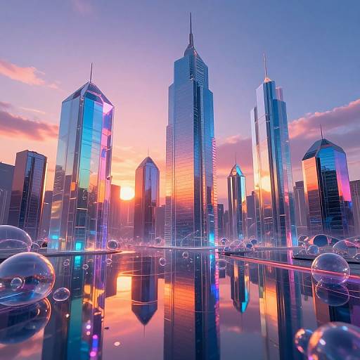 Photograph of a futuristic city skyline at sunset, with reflective skyscrapers and colorful sky, surrounded by floating transparent bubbles on a glossy surface.