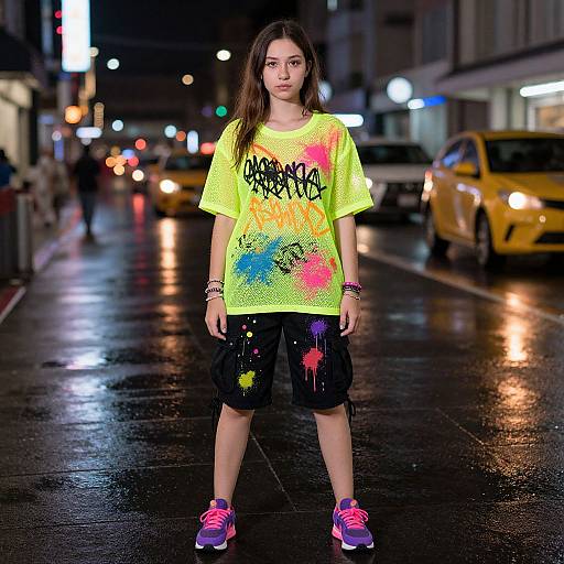 Photograph of a young woman in a neon yellow, graffiti-covered t-shirt, black shorts, and pink sneakers, standing on a wet, urban street