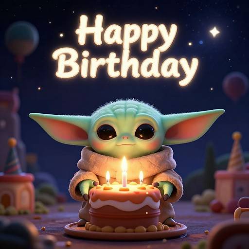 CGI image of a cute green, big-eyed goblin holding a lit birthday candle in front of 