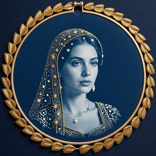 Cyanotype Woman with Gold Embroidery