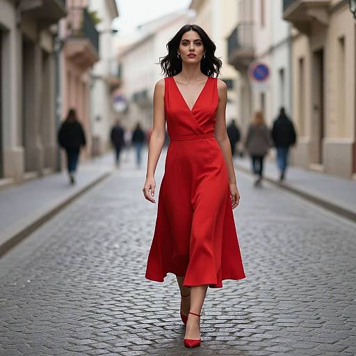 Photograph of a confident woman with wavy black hair, wearing a vibrant red, sleeveless, V-neck dress and red heels, walking down a