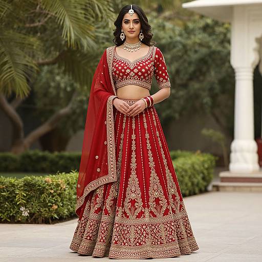 Photograph of a beautiful South Asian woman in a red and gold traditional lehenga set, adorned with intricate embroidery and jewelry, standing outdoors with lush green